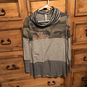 Camo Floral Stripe Flowy Cowl Neck Shirt